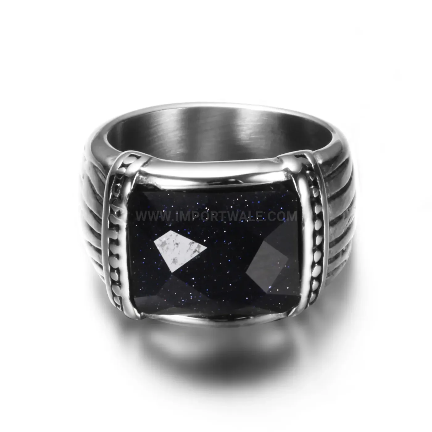Fashion Stainless Steel Gemstone Inlaid Square Signet Band Ring