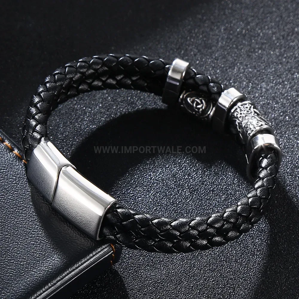 Textured Leather Cord Steel Wristband for Men