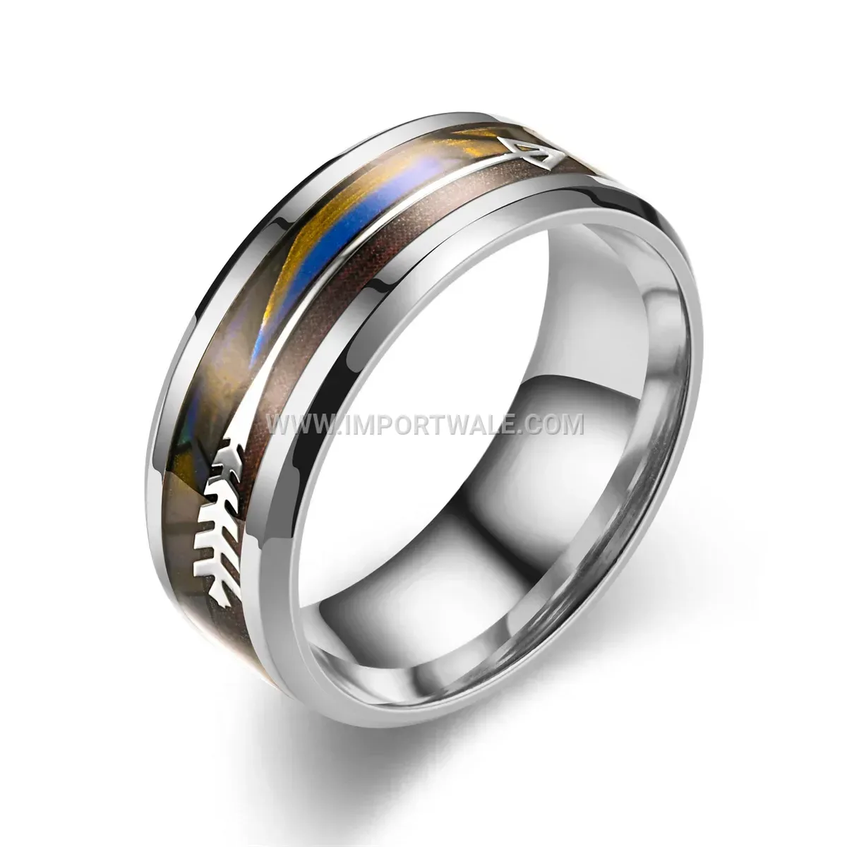 Stainless Steel Arrow Pattern Ring with Shell Inlay Detail