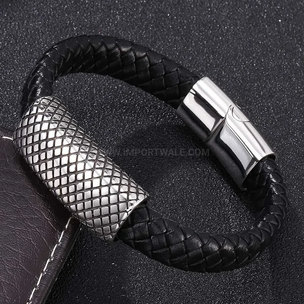 Vintage Punk Style Black Leather Bracelet with Stainless Steel Magnetic Clasp