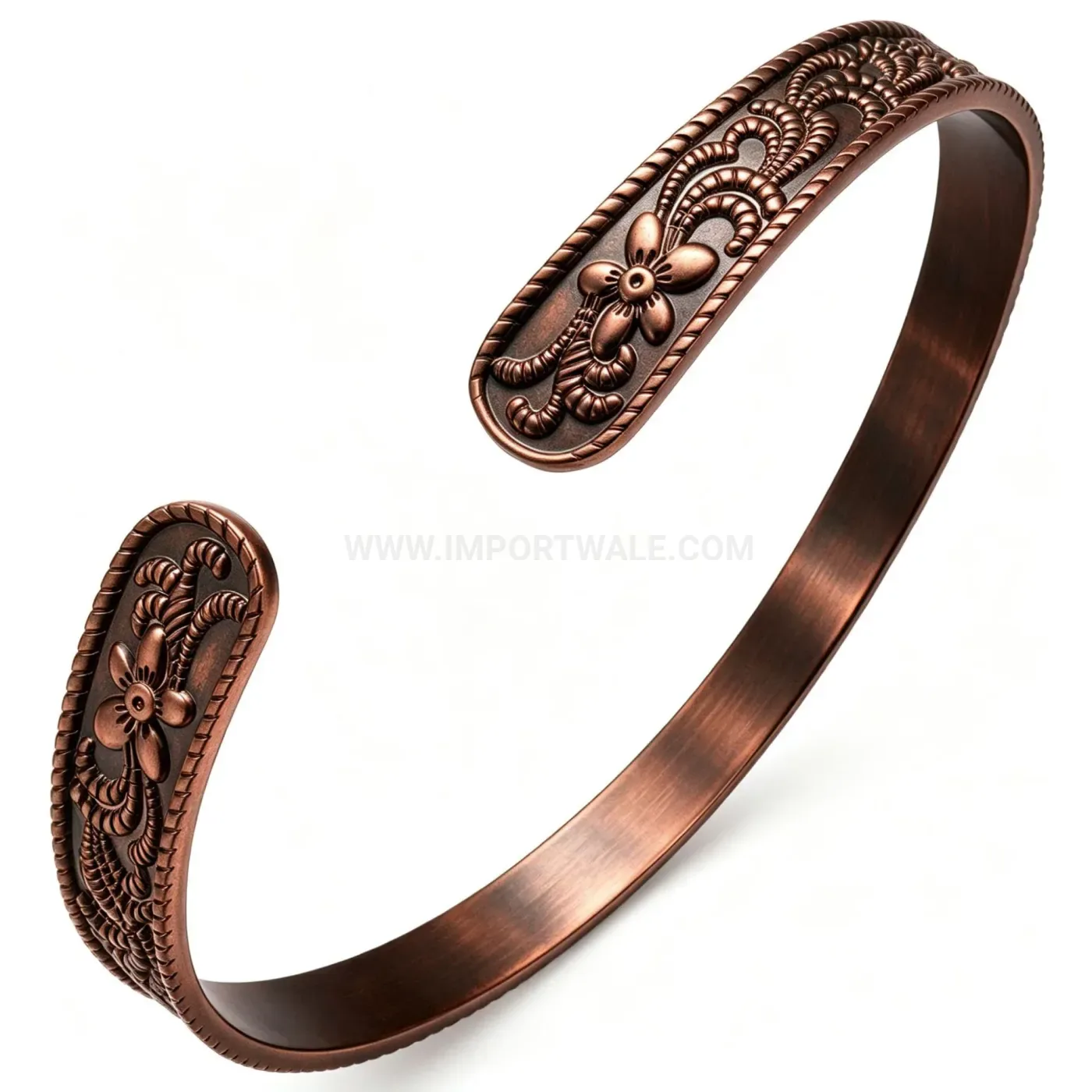 Vintage Floral Engraved Copper Adjustable Open Cuff Bracelet