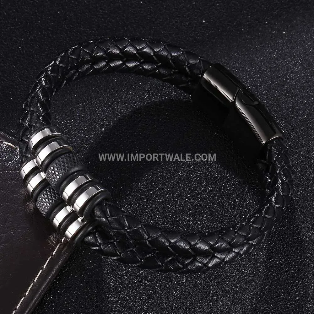 Retro Braided Leather Wristband with Stainless Steel Accent Beads
