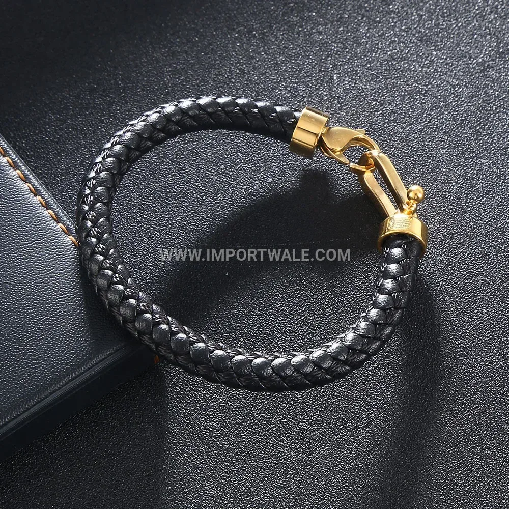 Gold Plated Stainless Steel Horseshoe Buckle Braided Leather Bracelet