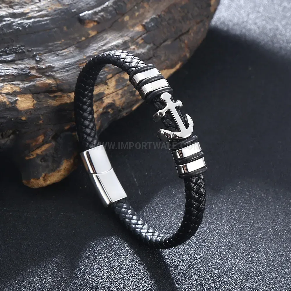 Woven Leather Band with Steel Clasp Accent