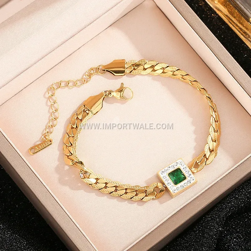 Vintage Emerald Zircon Micro Pave Stainless Steel Anklet