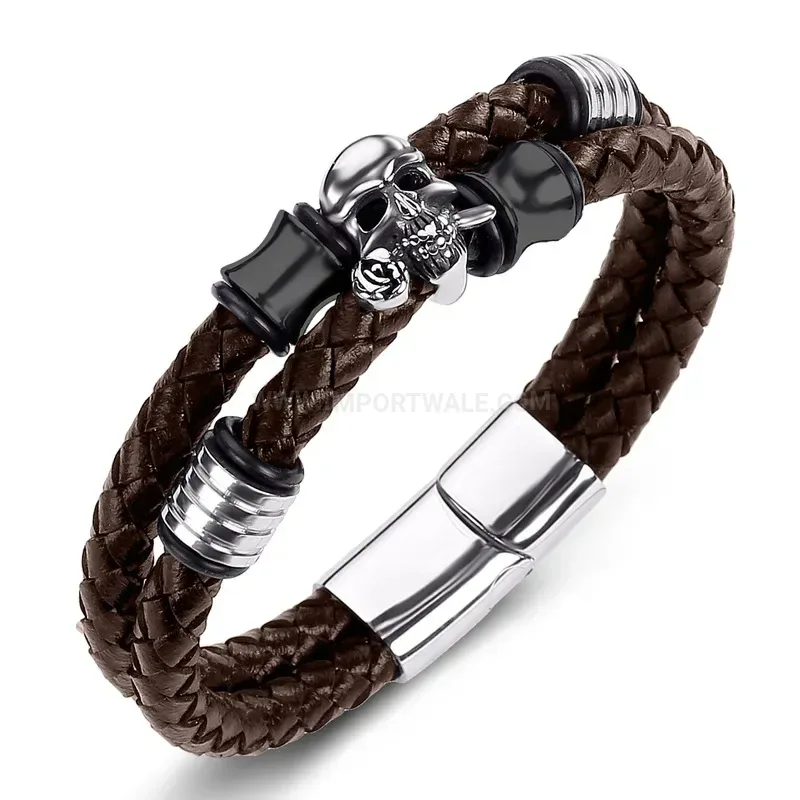 Classic Double Wrap Leather Rose Skull Bracelet in Stainless Steel