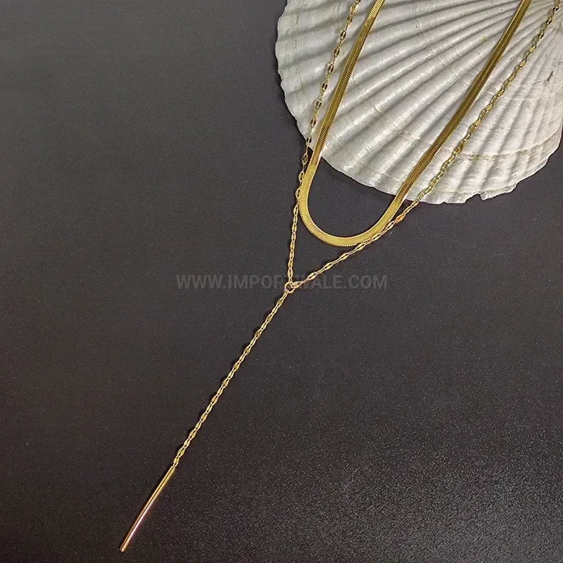 Elegant Double Layered Tassel Lip Pin Gold Titanium Steel Necklace