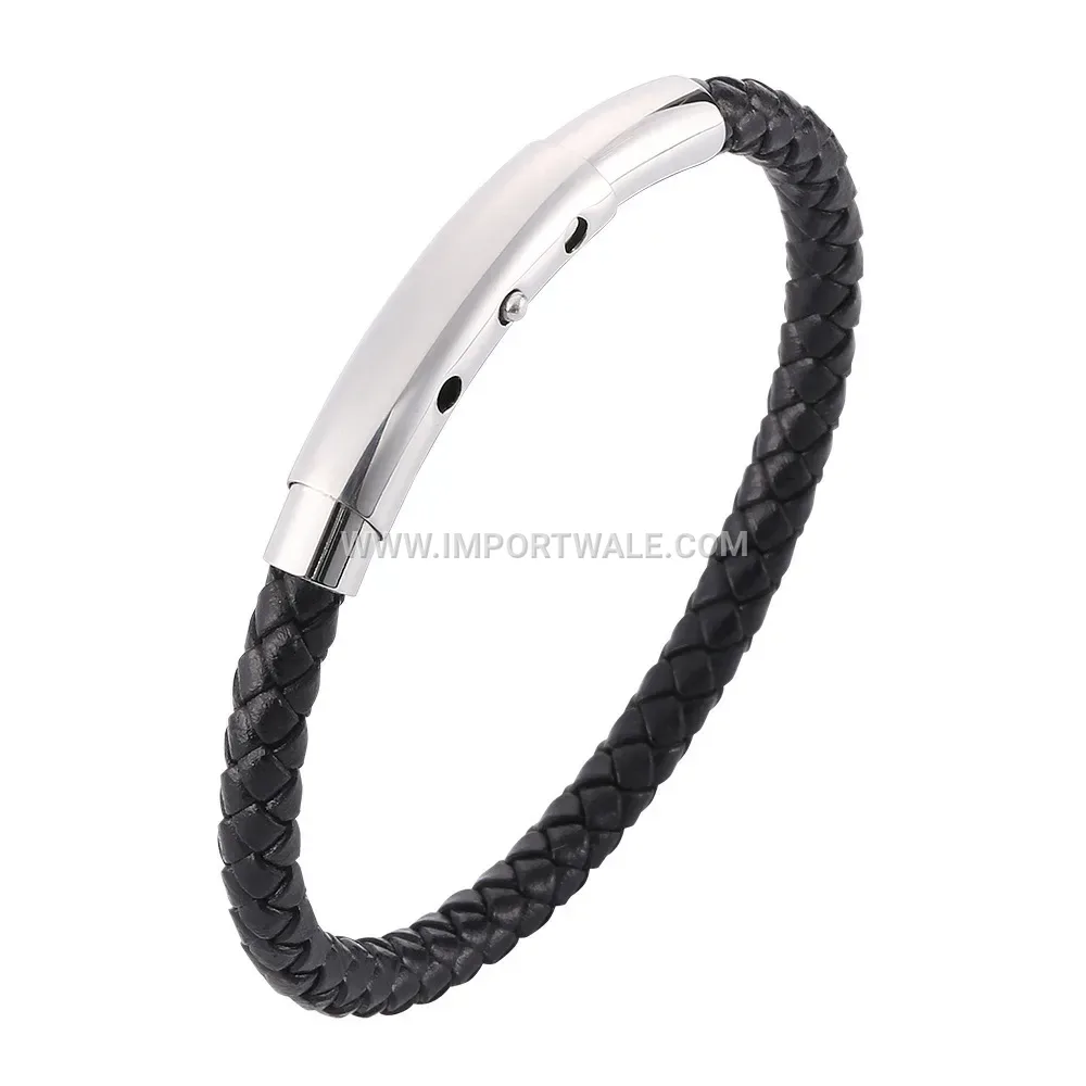 Adjustable Woven Leather Bracelet with Stainless Steel Accent Clasp