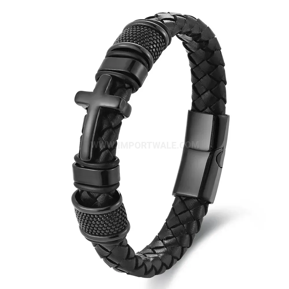 Bold Woven Leather Cross Bracelet With Alloy Magnetic Clasp
