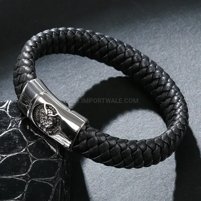 Owl Animal Accent Stainless Steel Leather Wristband Bracelet