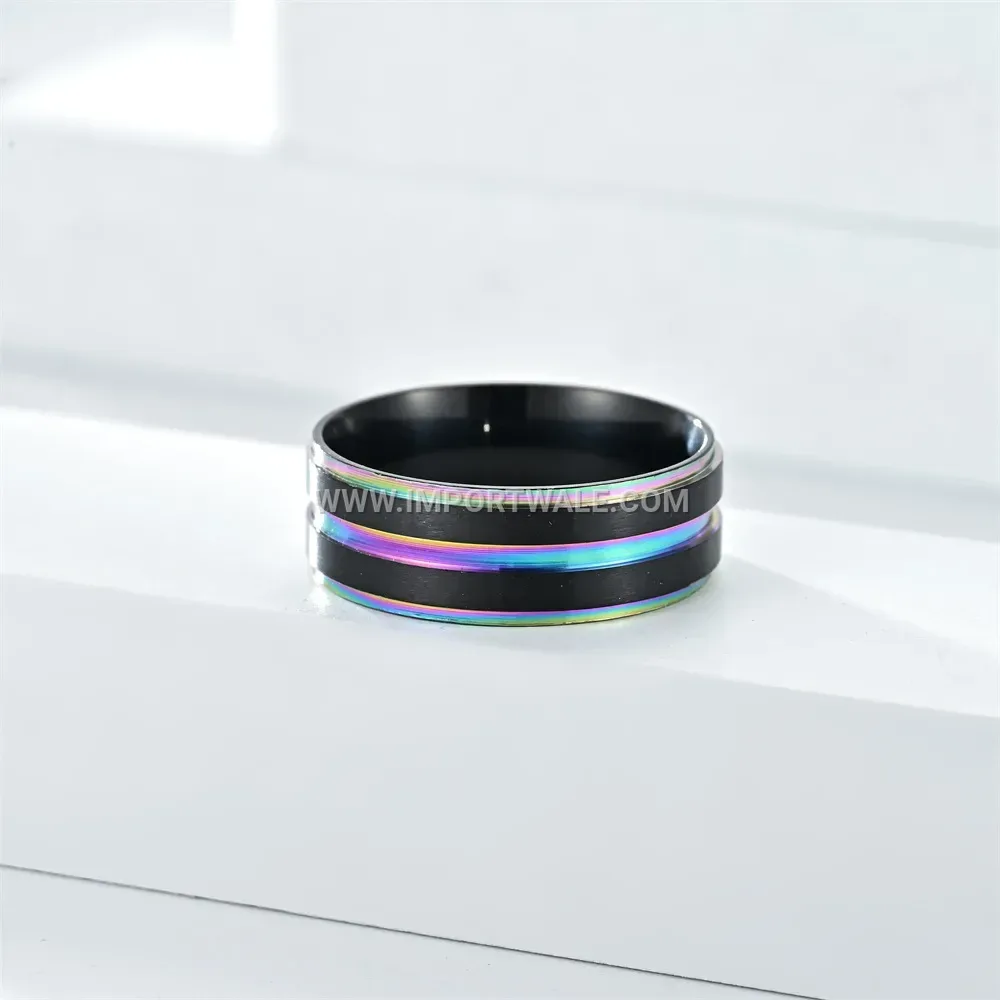 Two-Tone Black and Rainbow Stainless Steel Ring