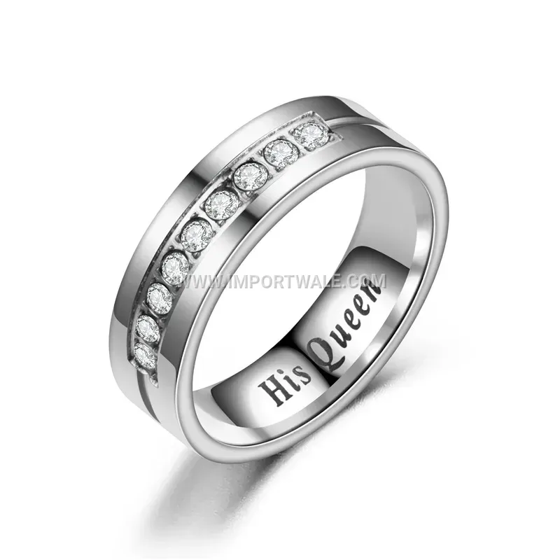 Crown Motif Stainless Steel Crystal Accent Couple Ring