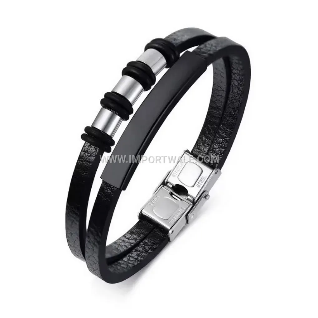 Double-Layer Beaded Woven Leather Clasp Bracelet for Men