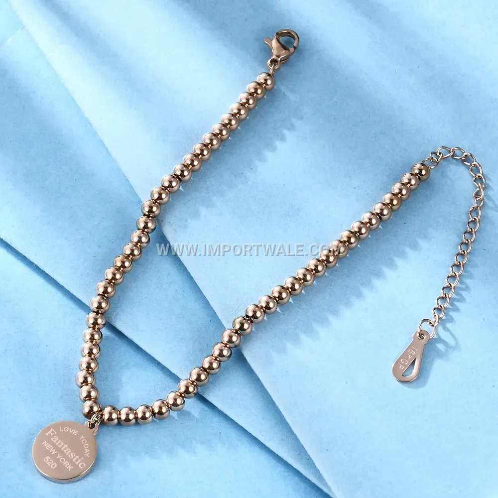 Stainless Steel Beaded Chain Bracelet with Disc Charm Tag
