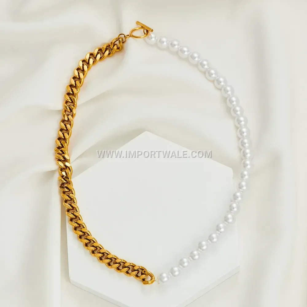 Stainless Steel Pearl Splice Cuban Chain OT Clasp Necklace