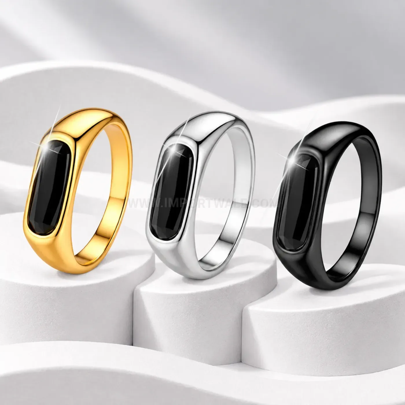 Stainless Steel Signet Ring with Black Inlay Accent
