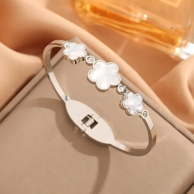 Trendy Triple Floral Rhinestone Titanium Steel Bangle Bracelet