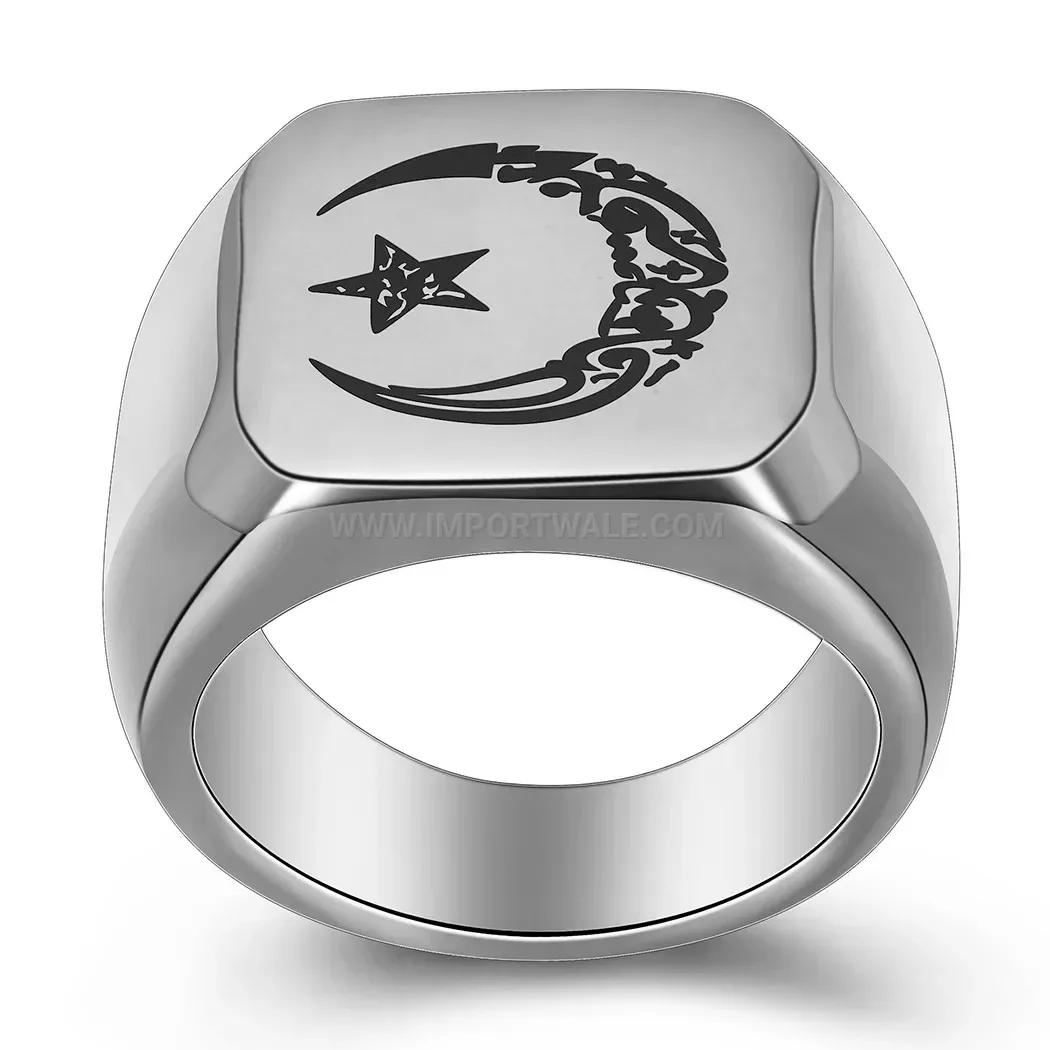 Trendy Celestial Star and Moon Square Stainless Steel Ring
