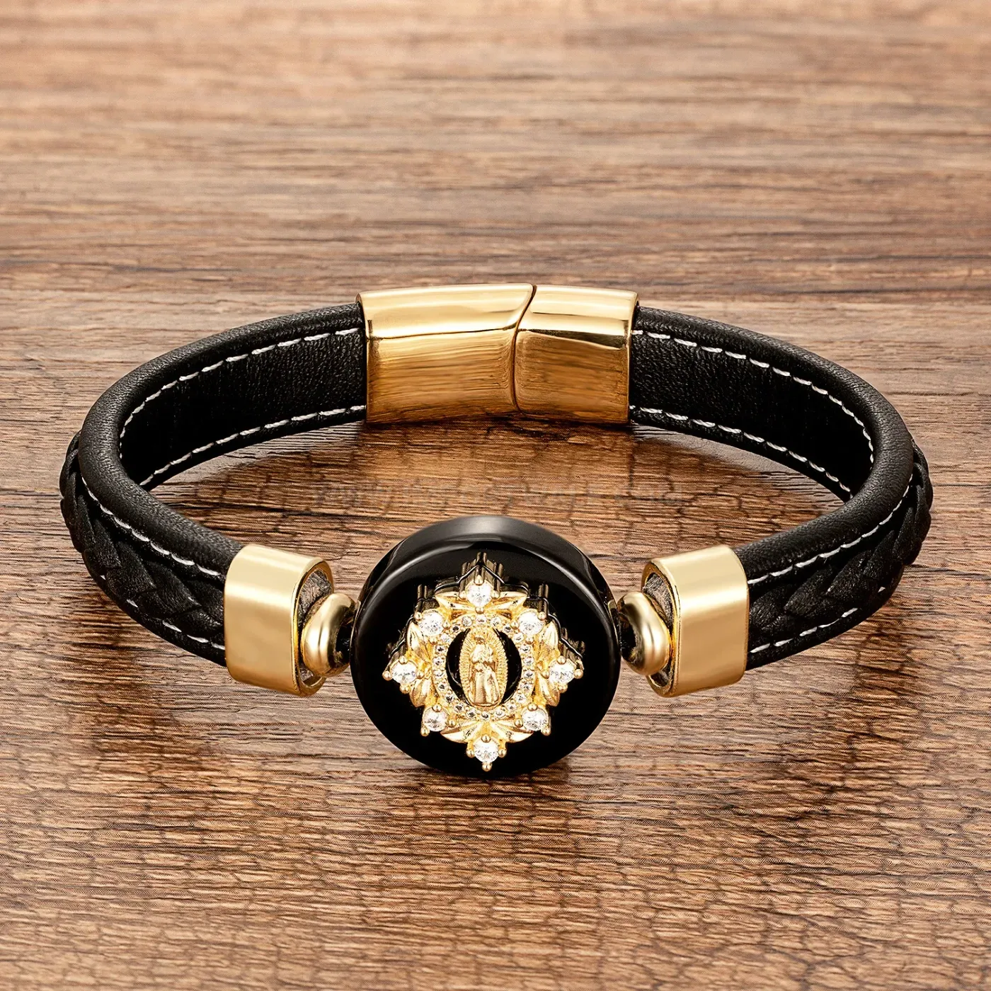 Vintage Gold Stainless Steel Woven Leather Stone Bracelet