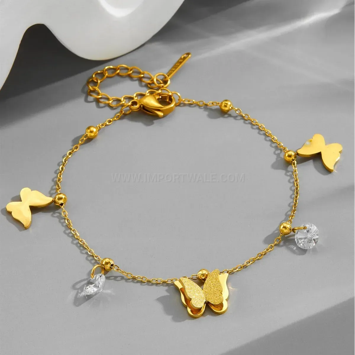 Frosted Sparkling Zircon Butterfly Gold Stainless Steel Chain Bracelet