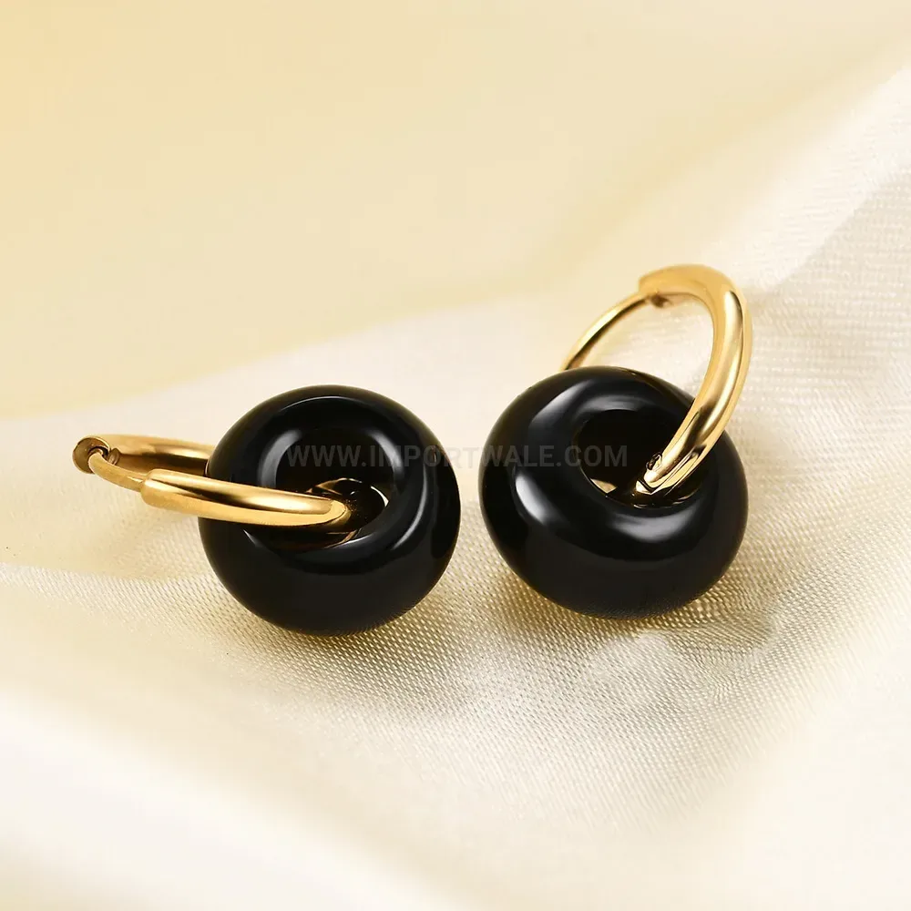 Trendy Modern 18mm Stainless Steel Onyx and Gemstone Drop Earrings