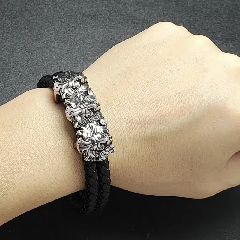 Classic Dual Tone Leather Lion Stainless Steel Men Bracelet