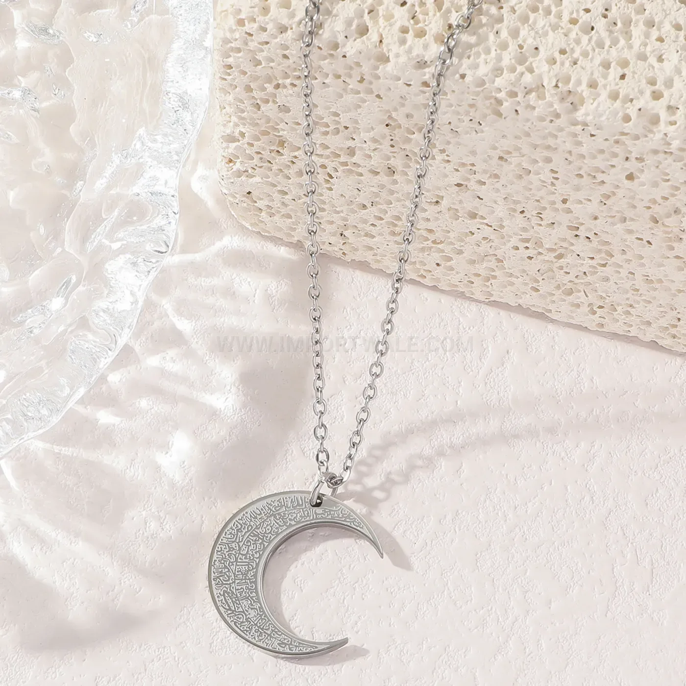 Premium Stainless Steel Crescent Moon Arabic Script Pendant Necklace