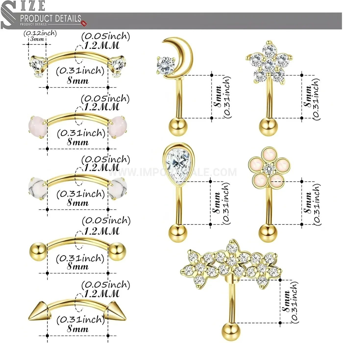 Elegant Cubic Zirconia Crescent Flower Stainless Steel Body Piercing Set