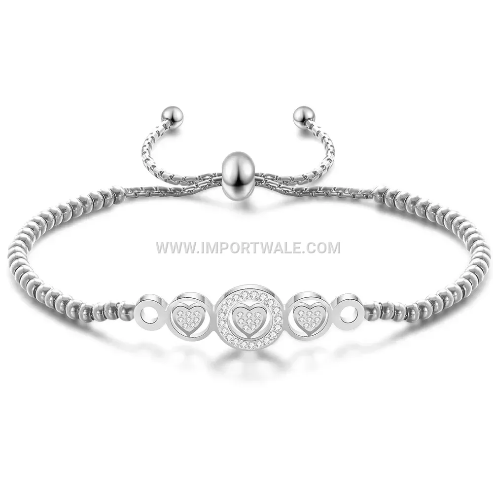 Adjustable Stainless Steel Heart Beaded Bracelet with Rhinestone Accents