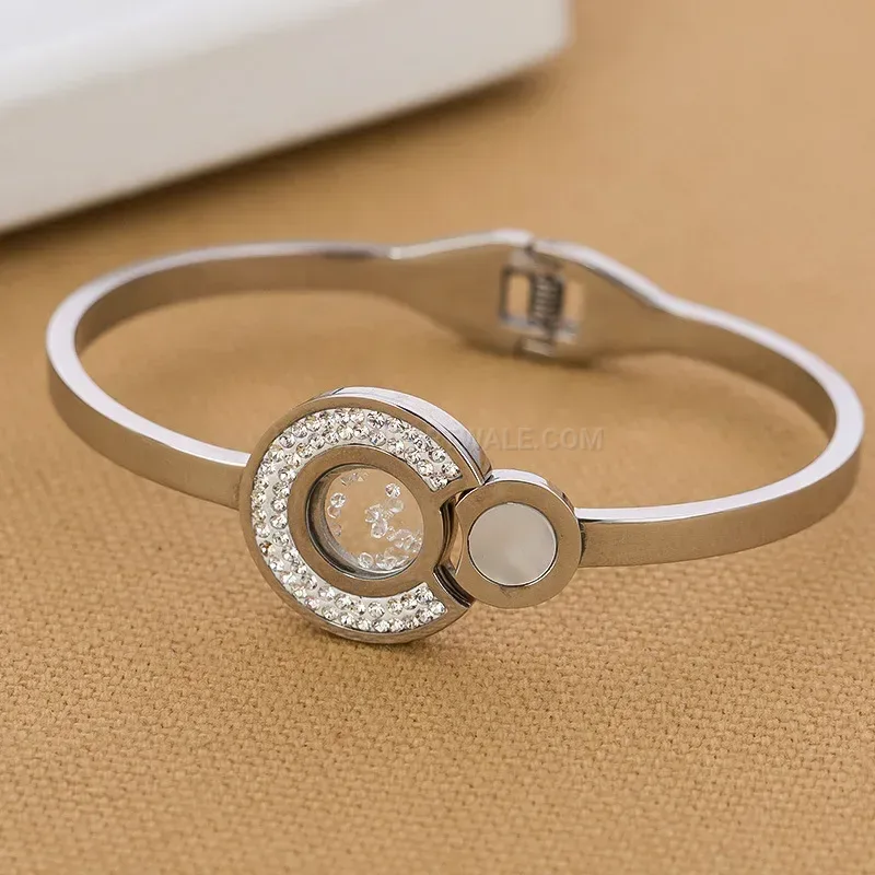 Fashion Stainless Steel Shell and Rhinestone Patchwork Bangle