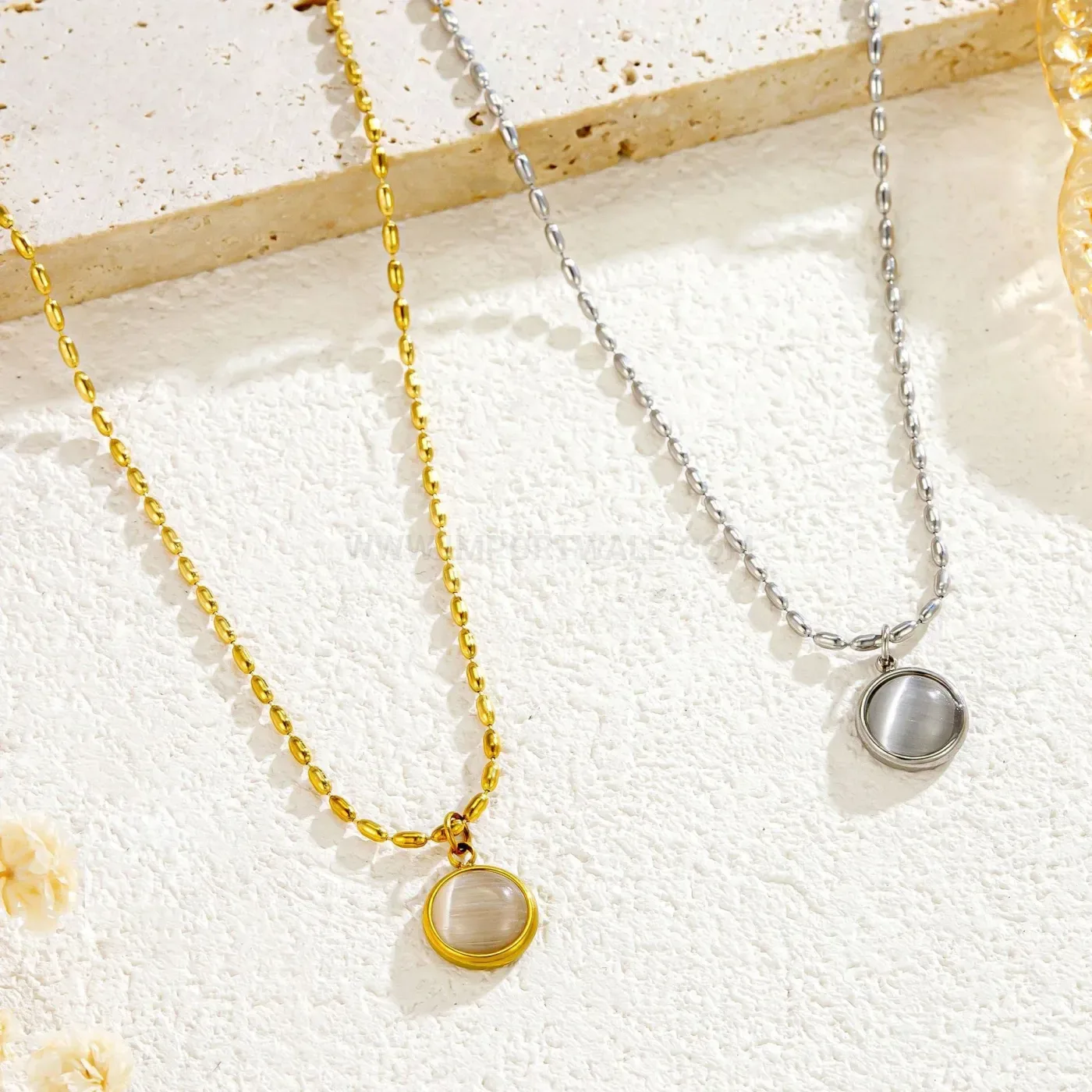 Premium Vintage Gold Plated Titanium Steel Beaded Jade Pendant Necklace