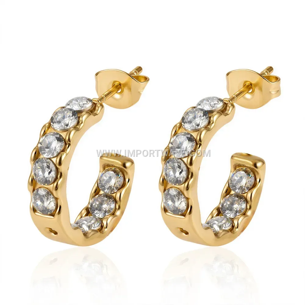 Gold Plated Zircon Inlaid Stainless Steel Hoop Earrings