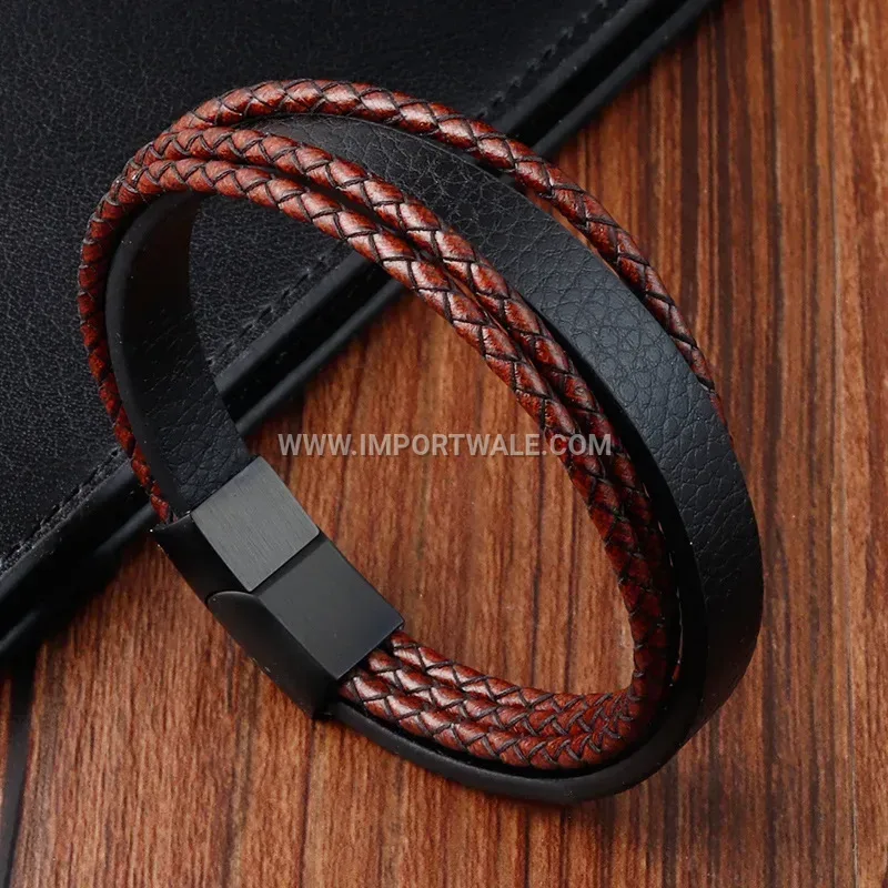 Multi-Strand Woven Leather Rope Bracelet with Alloy Hardware