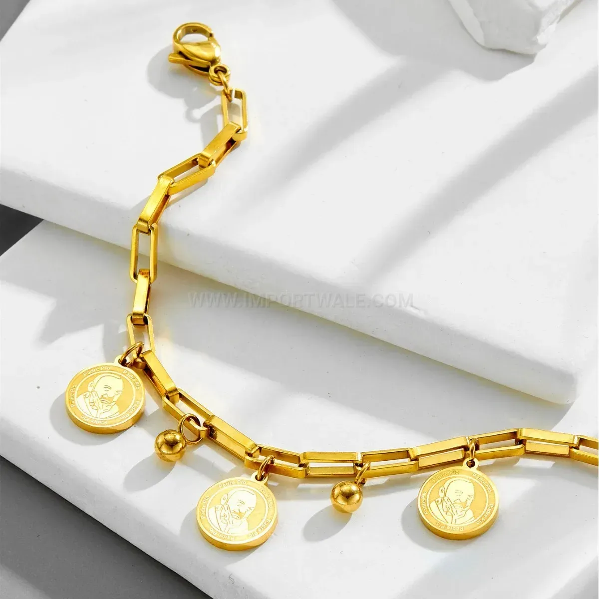 Gold Stainless Steel Portrait Tag Medallion Chain Bracelet