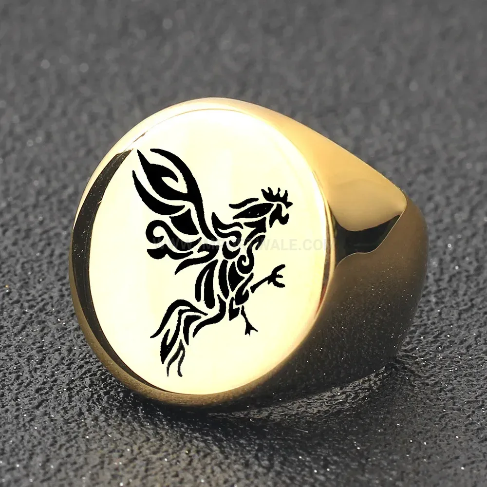 Chic Chinese Zodiac Rooster Laser Engraved Stainless Steel Signet Ring