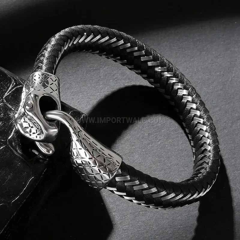 Handcrafted Snake Accent Stitched Microfiber Leather and Stainless Steel Wristband