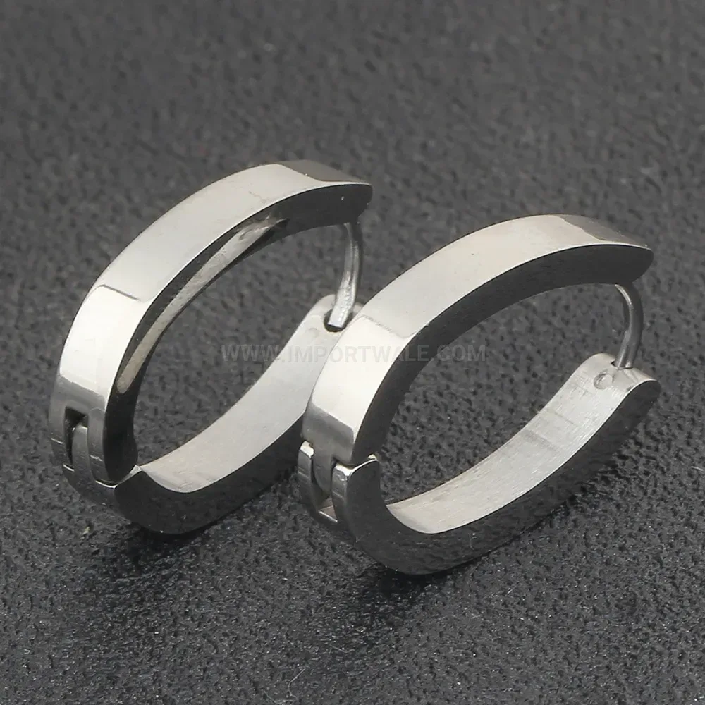 Bold Polished Oval Stainless Steel Huggie Hoop Earrings