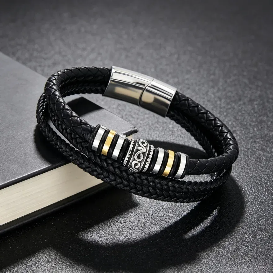Modern Braided Leather Wrap Bracelet with Carved Alloy Magnetic Clasp