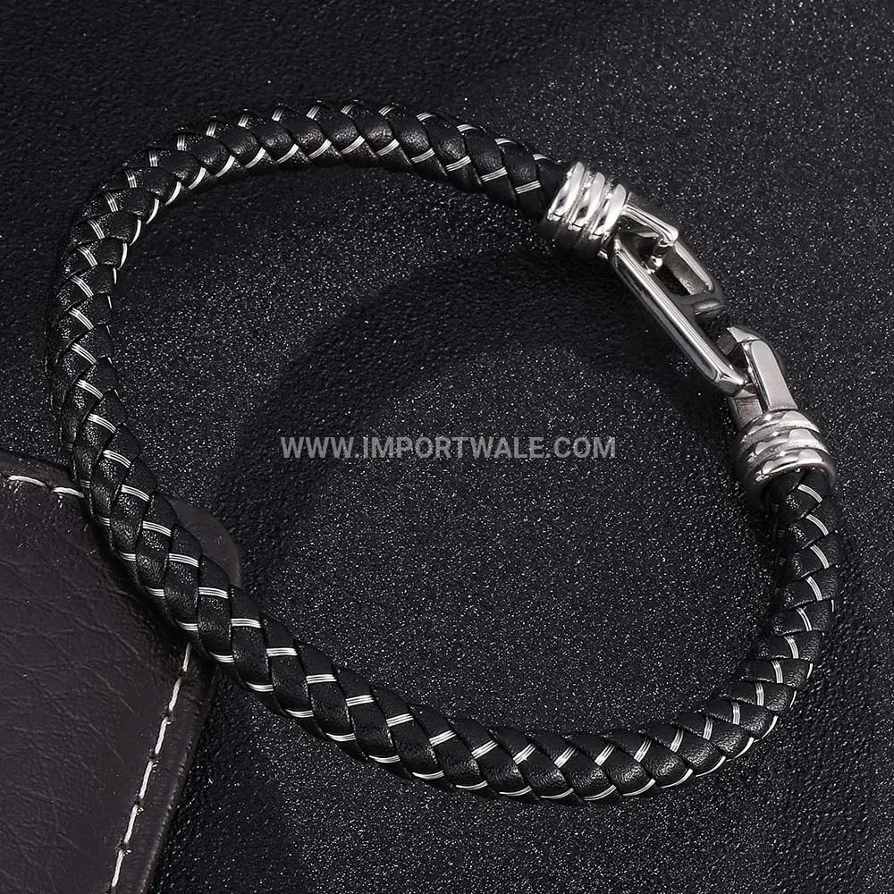 Braided Leather and Wire Accent Stainless Steel Cuff