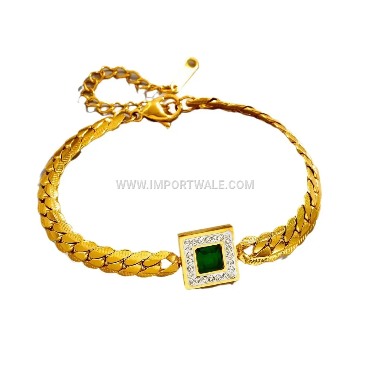 Double Layered Gold Titanium Steel Green Gemstone Anklet