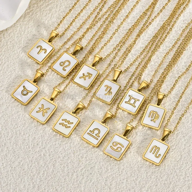 Zodiac Shell Inlay 18K Gold Plated Stainless Steel Collar Necklace