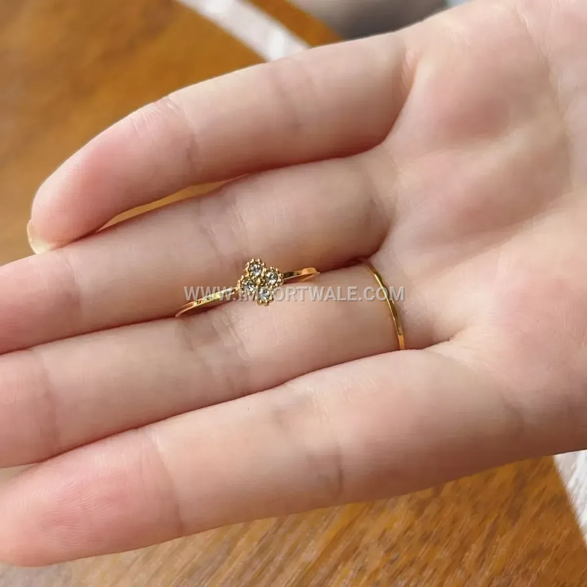 Gold-Plated Stainless Steel Four-Leaf Clover Ring with Cubic Zirconia Accent
