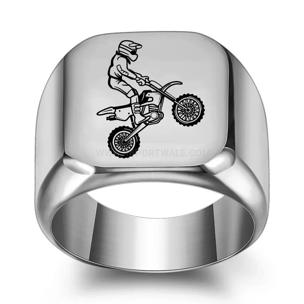 Bold Square Flat Top Motorcycle Engraved Stainless Steel Ring