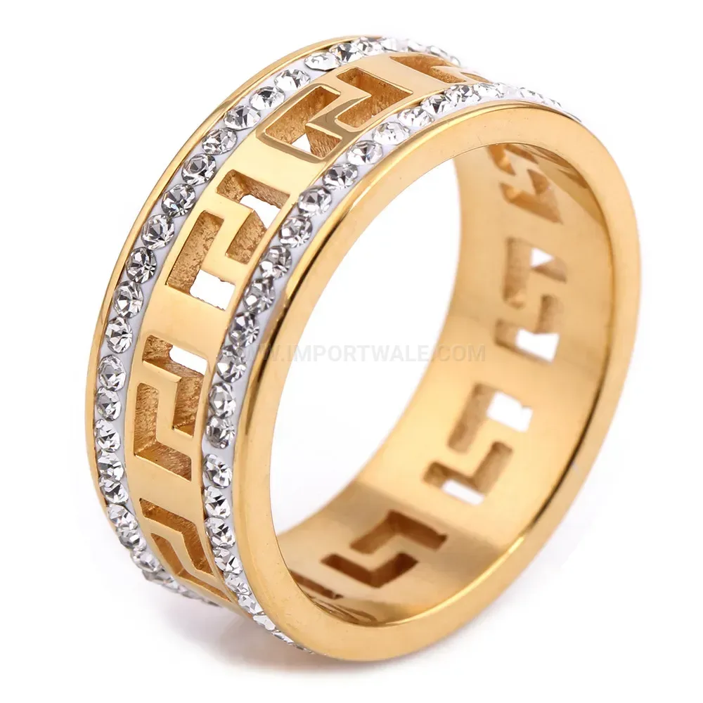 Double Row Cutout Pattern Gold Stainless Steel Rhinestone Ring