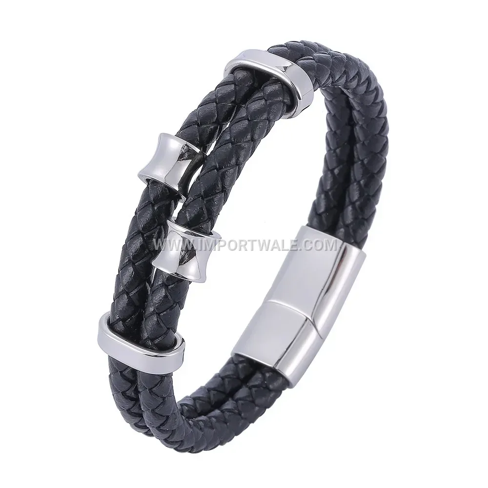 Braided Leather Multi Layer Stainless Steel Magnetic Bracelet