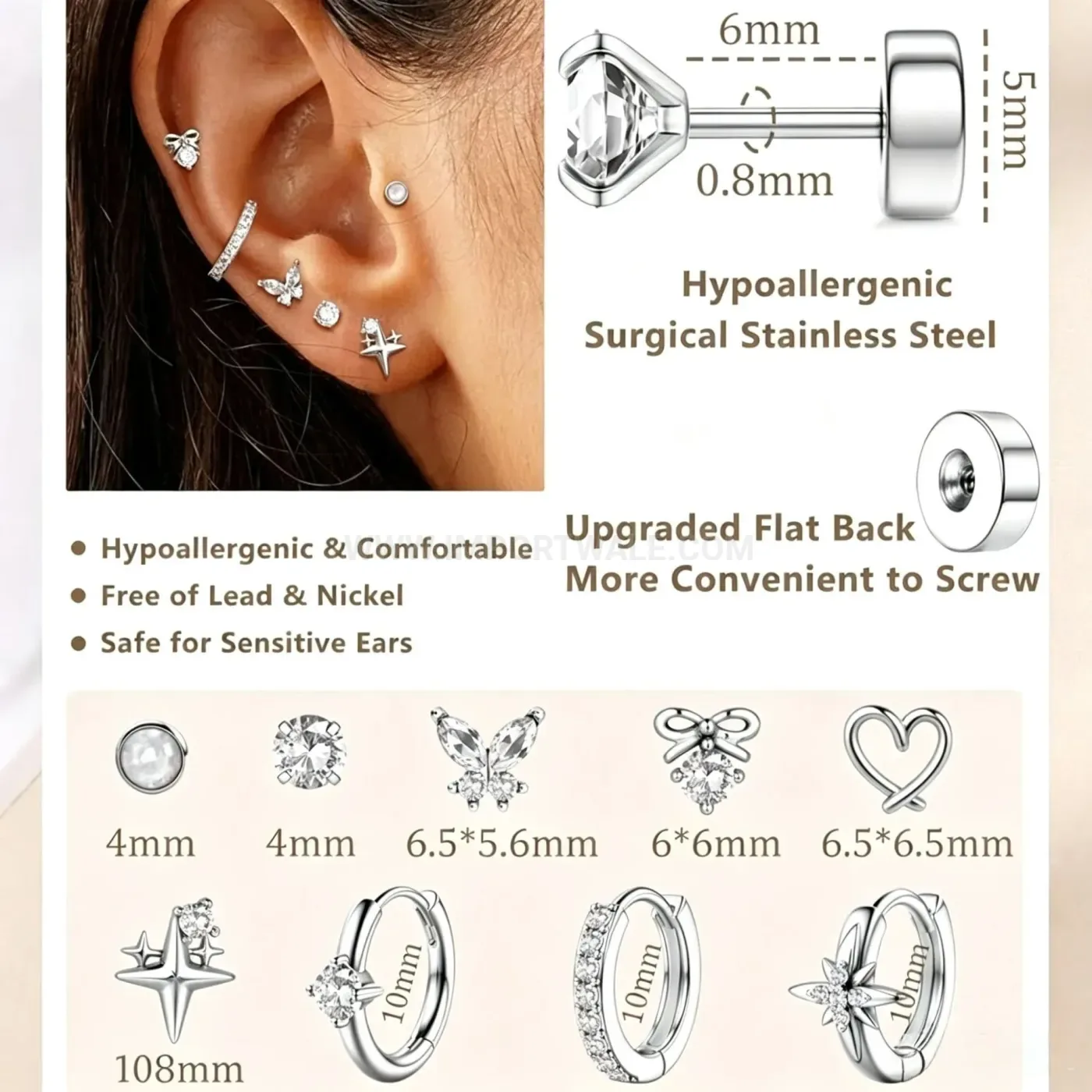 Trendy Stainless Steel Flat Back Stud and Hoop Piercing Earring Set