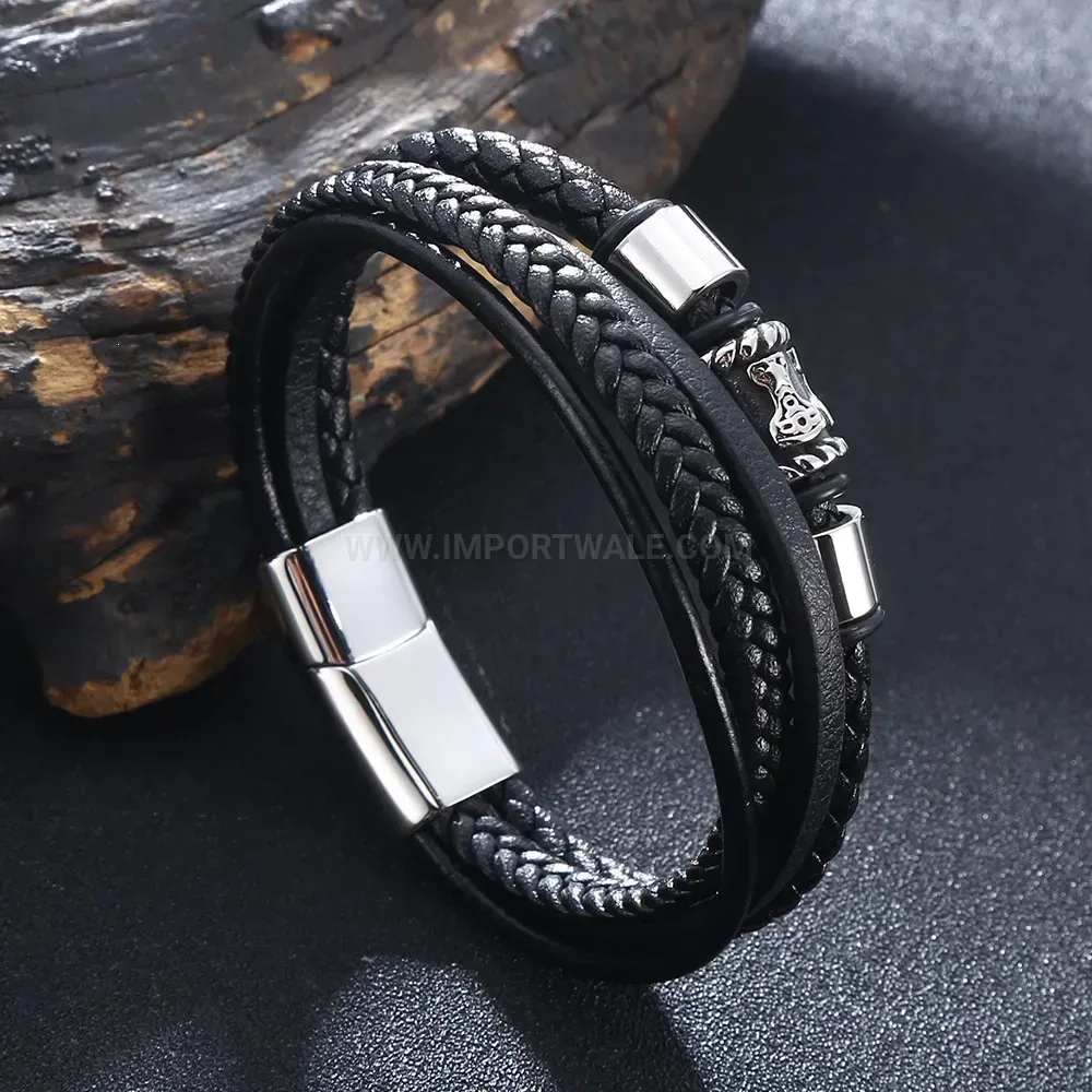 Multi Layer Woven Black Leather Bracelet with Stainless Steel Magnetic Clasp