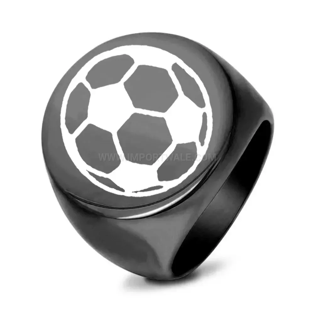 Classic Laser Engraved Football Pattern Stainless Steel Round Signet Ring