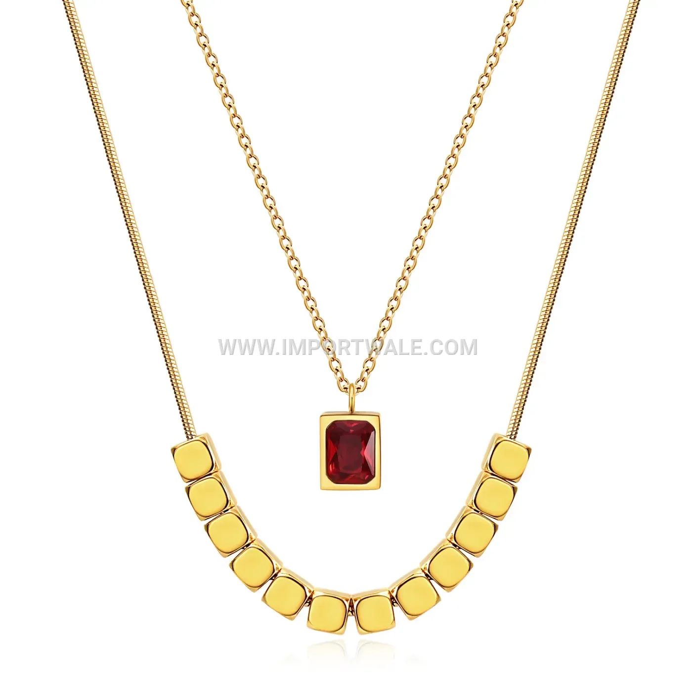 Layered Geometric Stainless Steel Cubic Zirconia Pendant Necklace