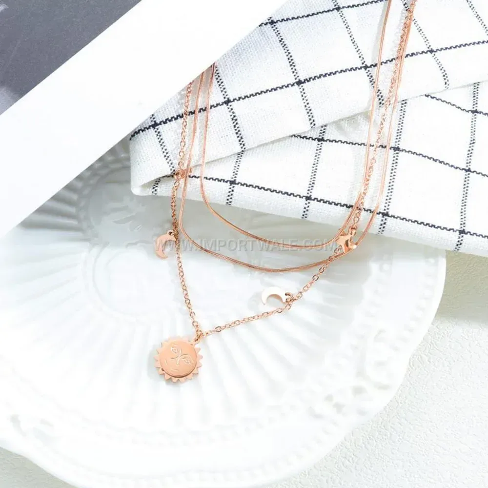 Layered Stainless Steel Celestial Sun Moon Star Pendant Necklace